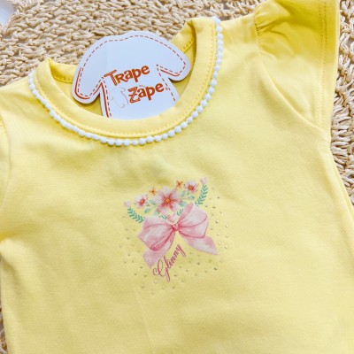 Conj. Blusa Lacinho e Short Saia Floral - Amarelo